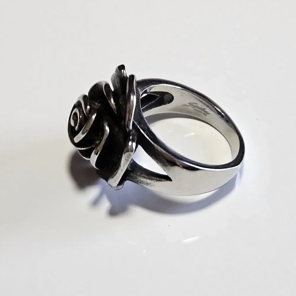Spikes Stainless Steel Floral Rose Ring Size 8 Silver Tone Three Dimensional
